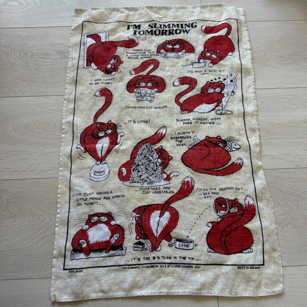 Vintage Irish Linen with Comical Quips Cats Dieting Humourous